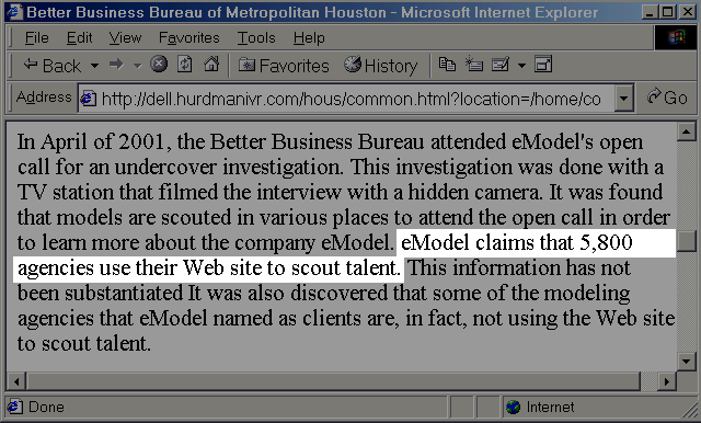Screen capture of Houston BBB file - emodel.com, 5,800 agencies