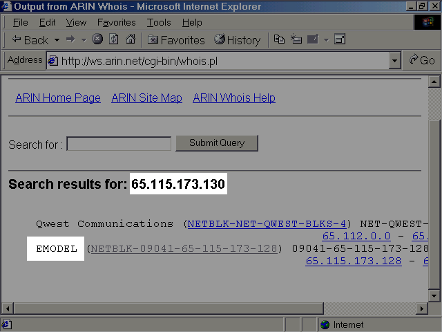 Screen capture of emodel IP address