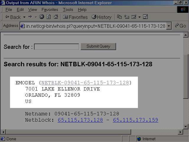 Screen capture of emodel IP address and corporate headquarters address