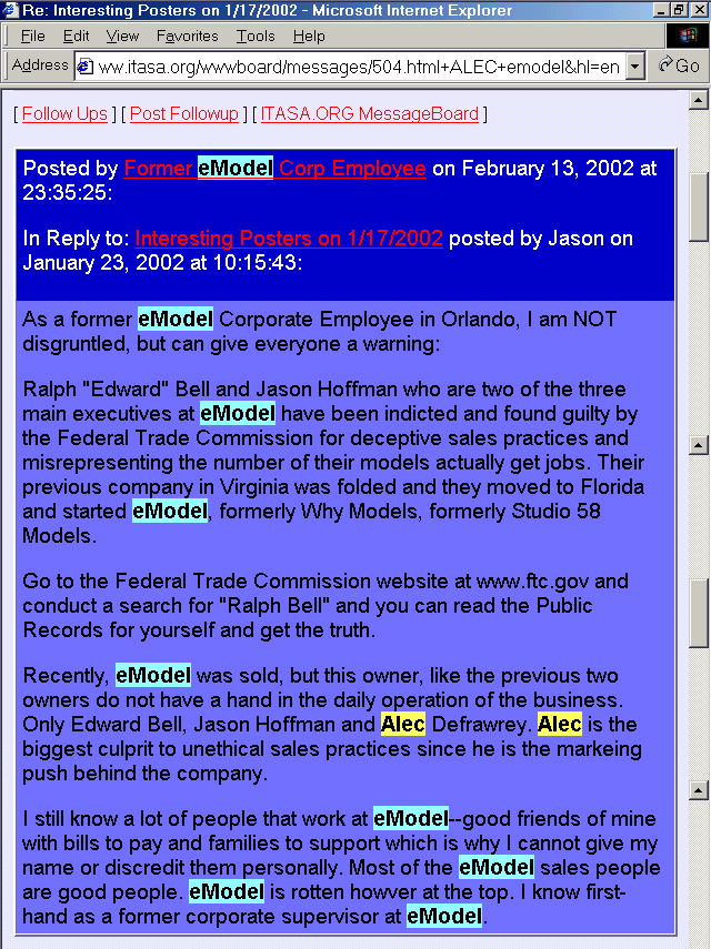 Screen capture of online forum post by former Corporate Employee at emodel/Options Talent naming leaders of emodel and Options Talent