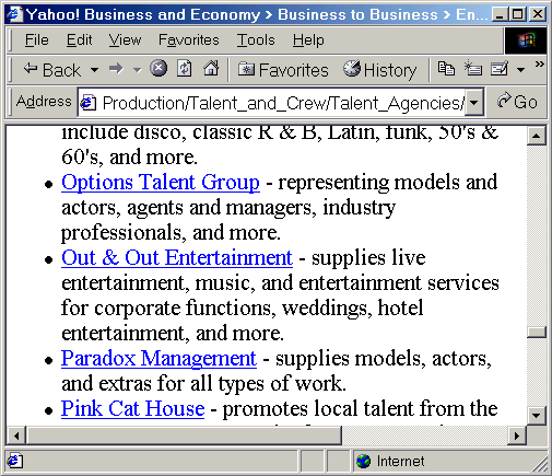 Screen capture of Options Talent Group Directory Listing at Yahoo.com
